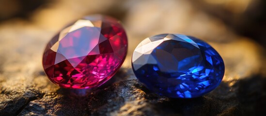 Poster - Close-up of a red ruby and a blue sapphire gemstone on textured stone background with natural lighting and reflections. Copy Space