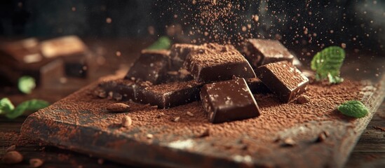 Poster - Chocolate bars sprinkled with cocoa powder on a wooden board with fresh mint leaves and a dark background Copy Space