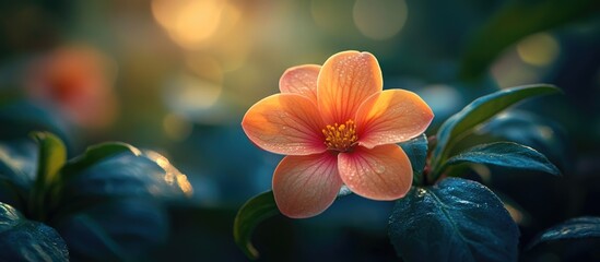 Poster - Close-up of a vibrant orange flower surrounded by green leaves with soft blurred background and natural lighting Copy Space