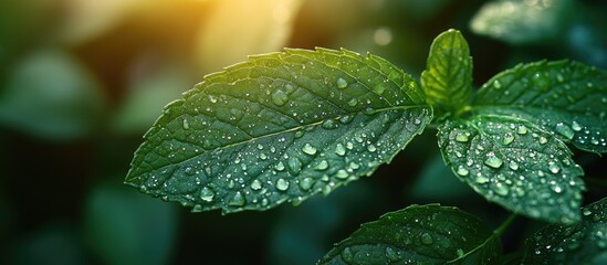 Poster - Close-up of fresh green mint leaves with droplets of water on them illuminated by soft sunlight Copy Space