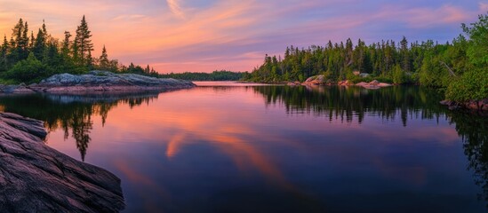 Canvas Print - Scenic sunset over calm lake surrounded by lush greenery and rocky shoreline with reflections in water Copy Space