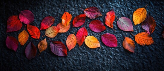 Poster - Colorful autumn leaves arranged on textured dark surface with natural lighting and shadows, Copy Space