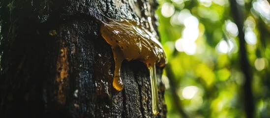Poster - Amber resin dripping from tree bark in a lush green forest with blurred background and natural light, Copy Space