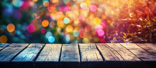 Poster - wooden table with colorful bokeh background and natural light effects ideal for placing text or prod