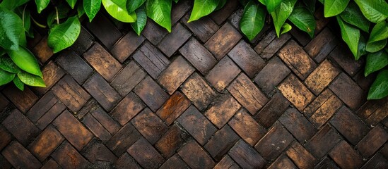 Poster - green leaves on top of a textured brown woven wooden background with natural patterns suitable for d