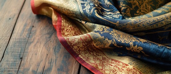 Poster - decorative fabric with intricate patterns in gold and blue draped over rustic wooden surface copy sp