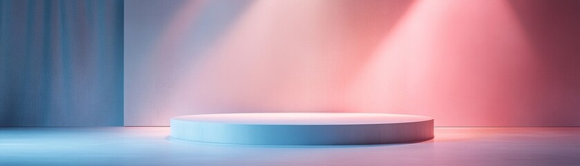 Poster - A minimalist stage features soft, abstract light projections in various colors, creating an atmosphere of creativity and modernity. The setting is ideal for artistic performances or events