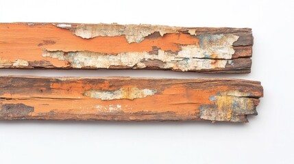 Poster - Weathered wooden planks with peeling paint and textured surface isolated on white background Copy Space