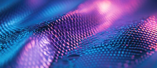 Poster - Abstract close-up of textured vibrant surface with hexagonal pattern in blue and purple hues with light reflections and gradients Copy Space