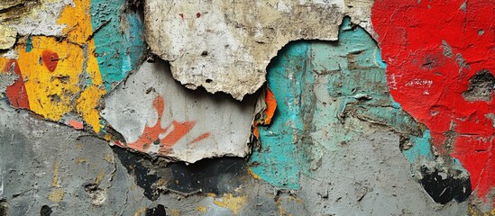 Poster - colorful textured wall with peeling paint showcasing layers of old graffiti and abstract patterns co
