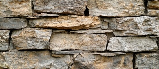 Poster - textured natural stone wall with varying sizes of rocks arranged in a rustic pattern suitable for ar