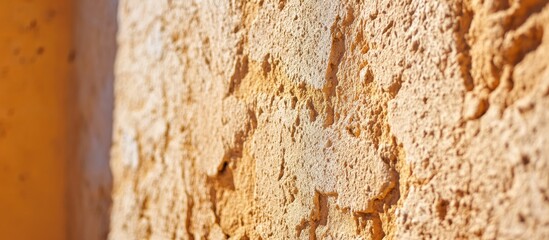Poster - textured close-up of weathered plaster wall with warm yellow tones and rough surface details suitabl
