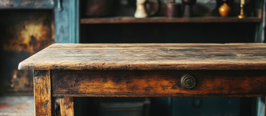 Wall Mural - Rustic wooden table surface with a drawer in vintage interior setting showcasing aged decor elements and warm lighting Copy Space