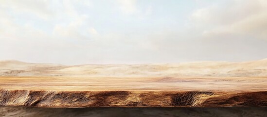 Poster - wooden table surface with a blurred natural landscape background and soft clouds, features ample cop