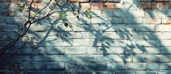 Poster - brick wall with shadow of branches and leaves garden foliage natural light texture copy space