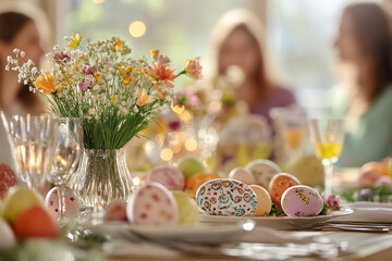 Celebrating Easter, people sitting at the festive Easter table