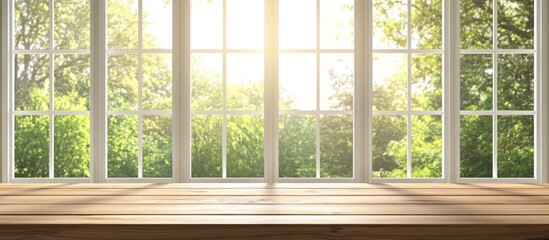 Poster - bright sunlight streaming through large window panes with a wooden countertop and greenery in the ba