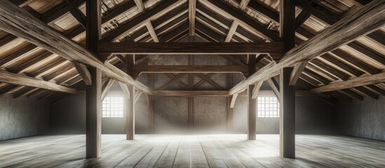 Poster - spacious empty wooden attic interior with beams and soft natural light filtering through windows, su