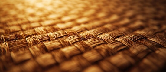 Poster - Close-up of woven texture in warm tones showing intricate patterns of fibers and natural materials with a blurred background and Copy Space