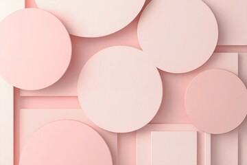 Poster - Vibrant abstract design showcases overlapping pink circles and triangles in varying shades, with a central blank space ideal for text. This stylish background enhances modern aesthetics