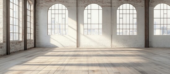 Poster - bright spacious empty room with large windows casting natural light on wooden floor interior design 