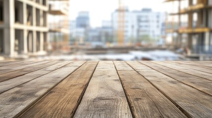 Poster - wooden tabletop with blurred construction site background and empty space for text. ideal for showca