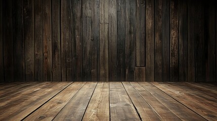 Poster - Wooden floor and wall interior with dark stained planks suitable for rustic backgrounds and presentations Copy Space