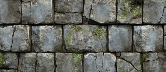 Poster - textured stone wall with moss and cracks detailed surface background for design use copy space