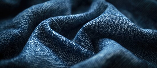Poster - Close up texture of blue denim fabric showing intricate weave patterns and soft draping effect ideal for textile backgrounds Copy Space