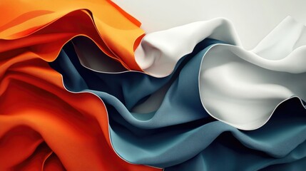 Poster - Colorful flowing fabric in orange, white, and blue with soft texture and folds on a neutral background with Copy Space.