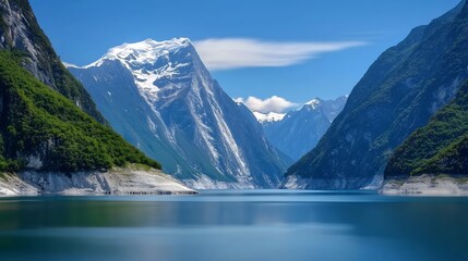 Wall Mural - Serene mountain landscape with a calm lake reflecting towering peaks and lush greenery