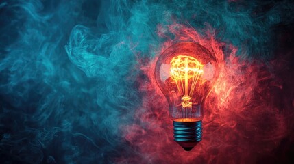 Poster - Glowing light bulb surrounded by vibrant blue and red smoke on dark background with Copy Space for text placement