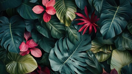 Poster - tropical foliage background with large green leaves and colorful plants in dark environment suitable