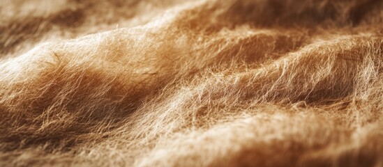 Poster - Close-up of textured golden brown fabric resembling animal fur with soft fibers and natural patterns Copy Space