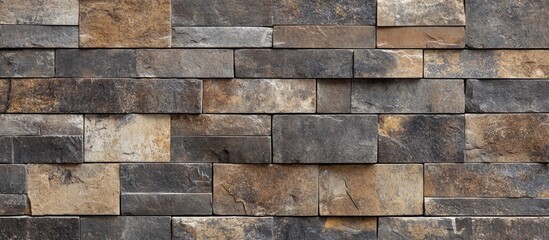 Poster - Textured stone wall background made of rectangular slate tiles in various shades of gray and brown with visible texture and lines Copy Space