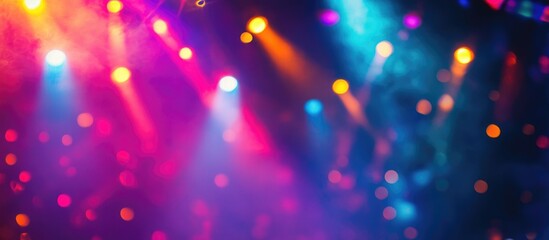 Poster - Colorful blurred stage lights creating an abstract background with bokeh effects and soft gradients suitable for creative projects Copy Space
