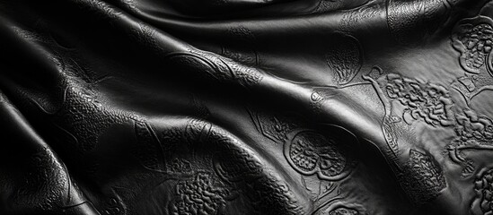 Poster - Black embossed leather texture fabric with intricate patterns and soft folds, ideal for background use and design projects. Copy Space.