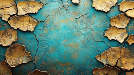 Poster - dry cracked wall with peeling paint in blue and gold tones texture background with copy space for de