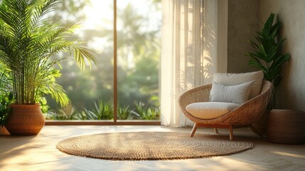 Poster - cozy modern living room interior with woven chair, natural light, indoor plants, and soft rug, featu