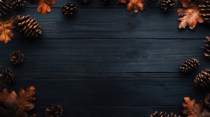 Poster - Autumn leaves and pine cones on dark wooden background with copy space for seasonal design projects
