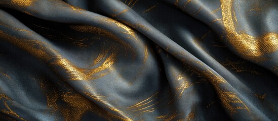 Poster - Elegant grey fabric with golden brush stroke patterns draped and flowing, suitable for backgrounds and textile designs, Copy Space