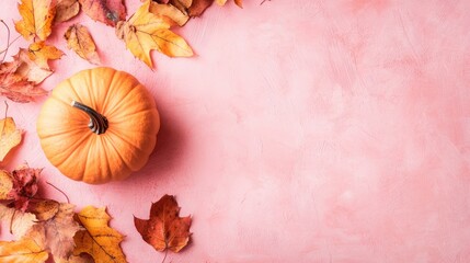 Poster - pumpkin surrounded by autumn leaves on a pink background with copy space for text placement