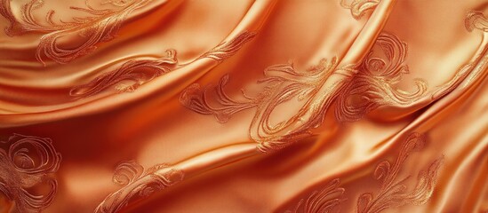 Poster - Textured orange satin fabric with intricate embroidery patterns flowing elegantly on a smooth surface with soft lighting and shadows. Copy Space