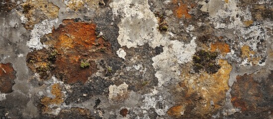 Poster - textured weathered wall surface with peeling paint, rust patches, and moss growth, suitable for back