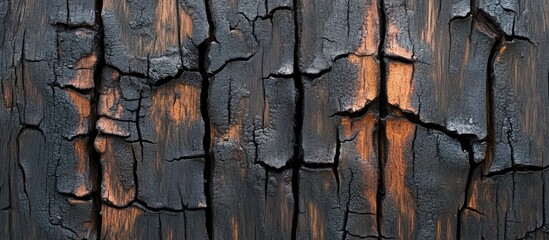 Poster - charred wood texture background with deep cracks and burnt orange highlights, suitable for various d