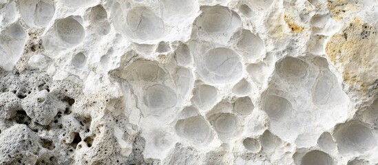 Poster - Close-up of textured white limestone with natural holes and cavities, suitable for geological or abstract backgrounds, Copy Space