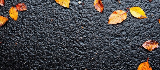 Poster - Decorative autumn leaves scattered on wet asphalt surface with textured details and vibrant colors Copy Space