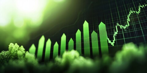 Poster - impact investing and financial risk. green financial growth chart rising above clouds and light refl