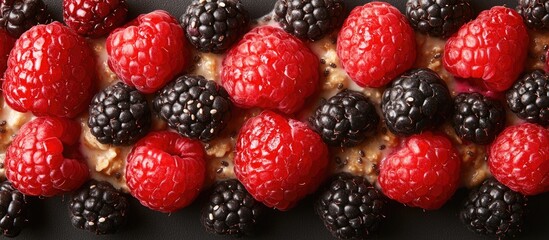 Canvas Print - Close-up of fresh raspberries and blackberries on a dark background with copy space for text or advertising.