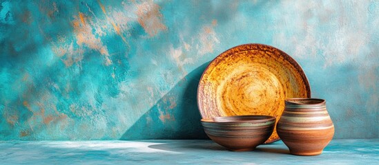 Poster - clay pottery and decorative plate against a textured turquoise background with shadows and ample cop
